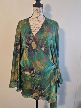 Lane Bryant Fairycore Flowy Wrap Kimono-Style Leafy Greens/blues Blouse Fairy